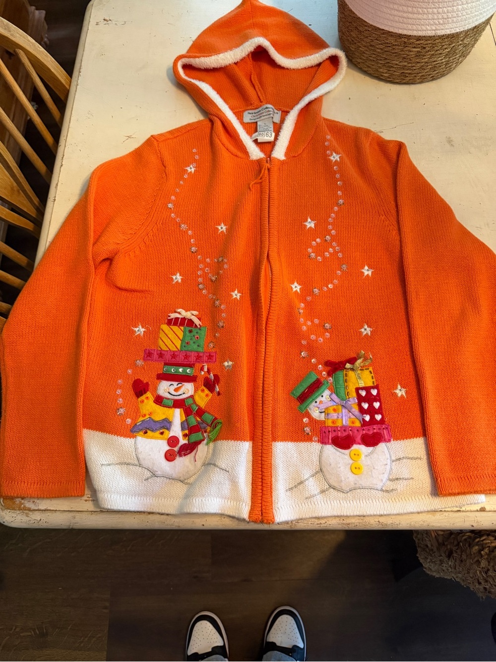 Bright Orange Hooded Holiday Snowman Cardigan Sweater Vintage